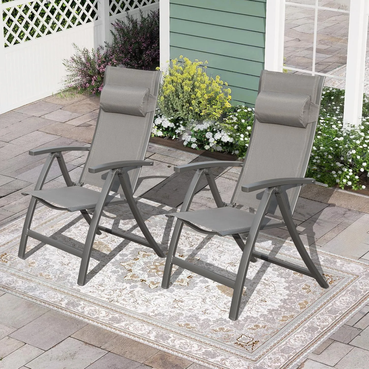 Domi Patio Outdoor Sling Chairs Set of 2 with Moveable Headrest, Folding Chairs Outdoor Reclining Camping Chairs with Armrest Adjustable High Backrest