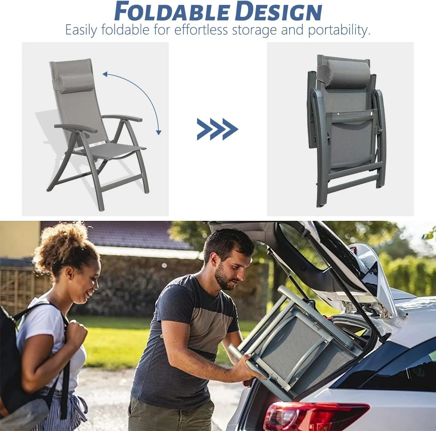 Domi Patio Outdoor Sling Chairs Set of 2 with Moveable Headrest, Folding Chairs Outdoor Reclining Camping Chairs with Armrest Adjustable High Backrest