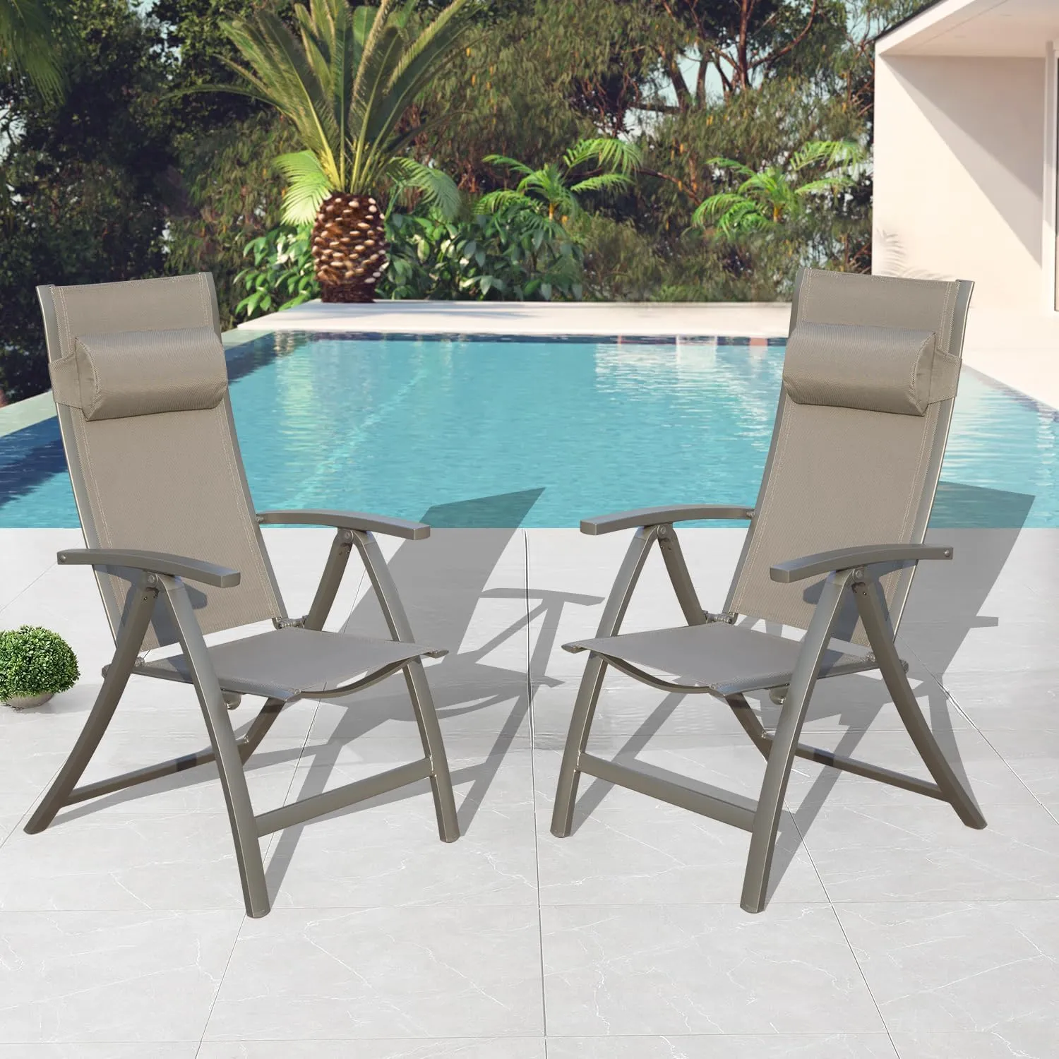 Domi Patio Outdoor Sling Chairs Set of 2 with Moveable Headrest, Folding Chairs Outdoor Reclining Camping Chairs with Armrest Adjustable High Backrest