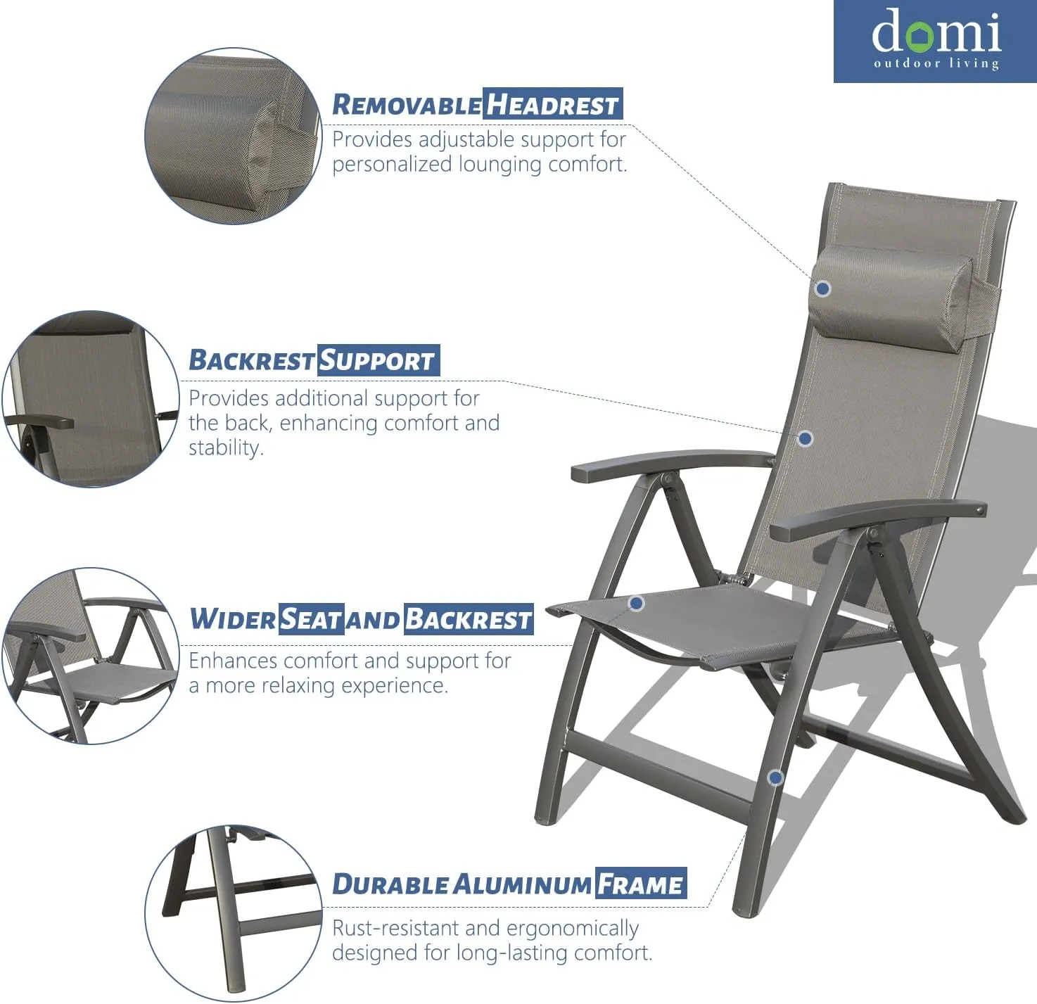 Domi Patio Outdoor Sling Chairs Set of 2 with Moveable Headrest, Folding Chairs Outdoor Reclining Camping Chairs with Armrest Adjustable High Backrest