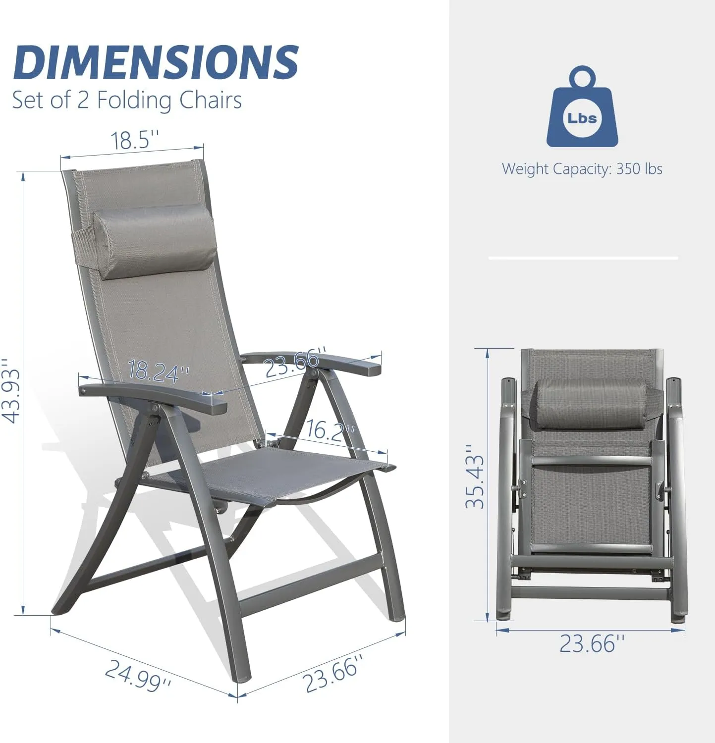 Domi Patio Outdoor Sling Chairs Set of 2 with Moveable Headrest, Folding Chairs Outdoor Reclining Camping Chairs with Armrest Adjustable High Backrest