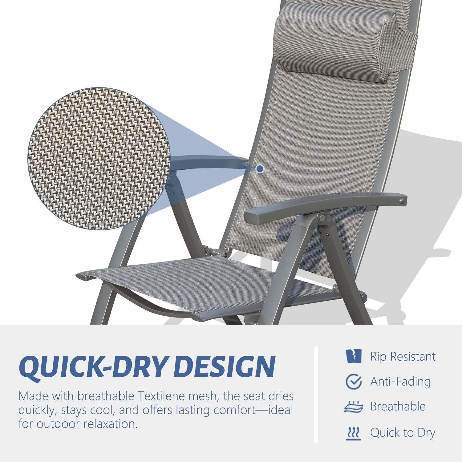 Domi Patio Outdoor Sling Chairs Set of 2 with Moveable Headrest, Folding Chairs Outdoor Reclining Camping Chairs with Armrest Adjustable High Backrest
