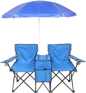 Double Camping Chair with Umbrella, Folding Beach Chair Loveseat Chairs with Canopy Shade and Cooler Bag, Double Rocker Chair Outdoor for Camping, Beach, Picnic, Fishing, Patio Pool Park