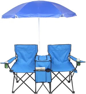 Double Folding Camping Chair with Canopy Shade - Portable Outdoor 2-Seat Loveseat with Sun Umbrella - Loveseat Chairs with Organizer for Camping/Car Trunk/Beach/Campfires
