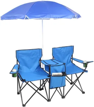 Double Folding Camping Chair W/Umbrella Fold Up Table Beverage Holder Carrying Bag Cooler for Patio Pool Park Outdoor Beach, Picnic, Portable (Blue)