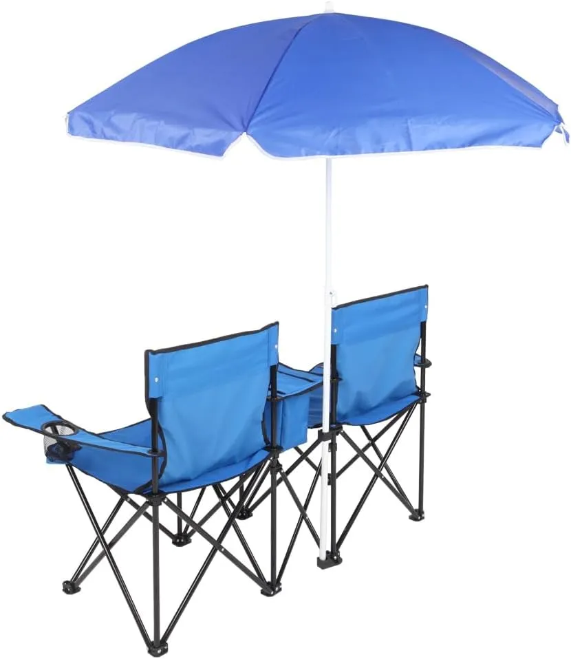 Double Folding Camping Chair W/Umbrella Fold Up Table Beverage Holder Carrying Bag Cooler for Patio Pool Park Outdoor Beach, Picnic, Portable (Blue)
