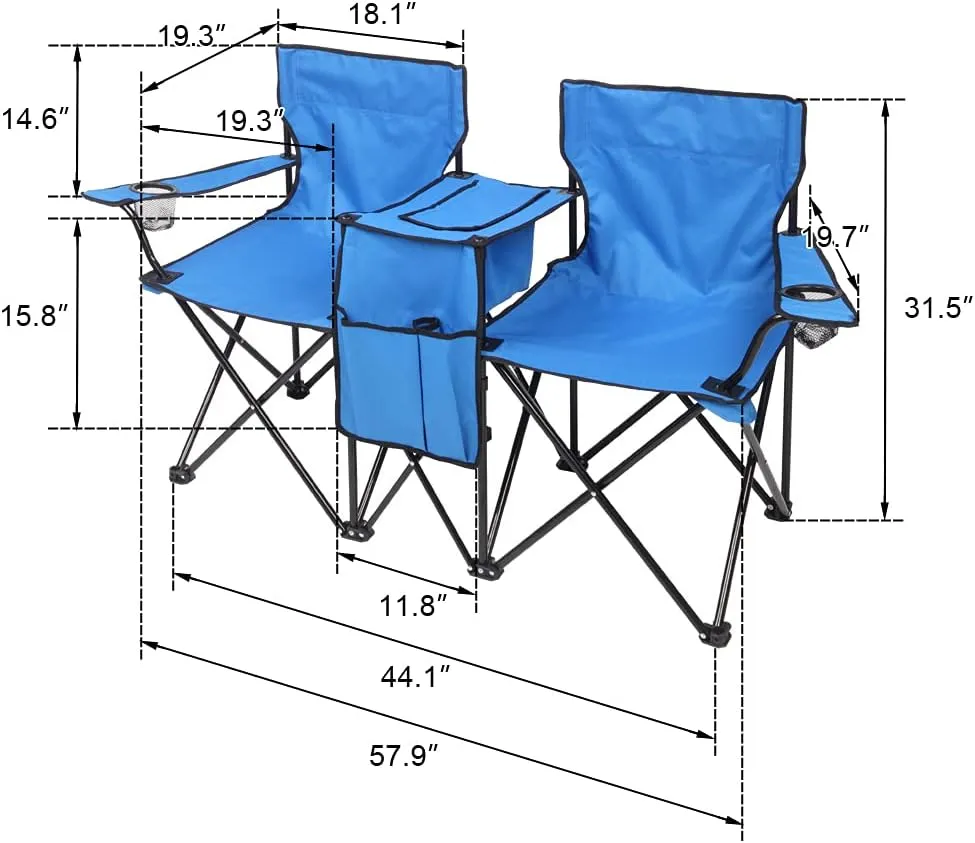 Double Folding Camping Chair W/Umbrella Fold Up Table Beverage Holder Carrying Bag Cooler for Patio Pool Park Outdoor Beach, Picnic, Portable (Blue)