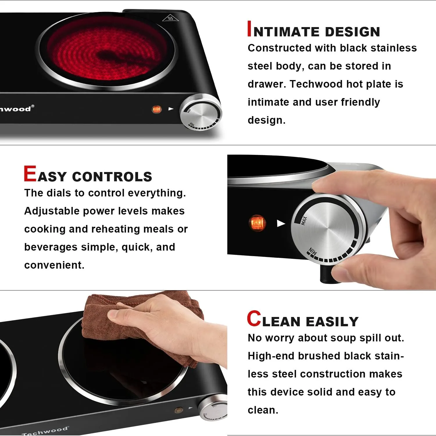 Double Hot Plate, Techwood 1800W Electric Stove for Cooking, Infrared Ceramic Countertop Burner with Dual Adjustable Temperature & Glass Cooktop for Home/RV/Camp, Compatible for All Cookwares, Black