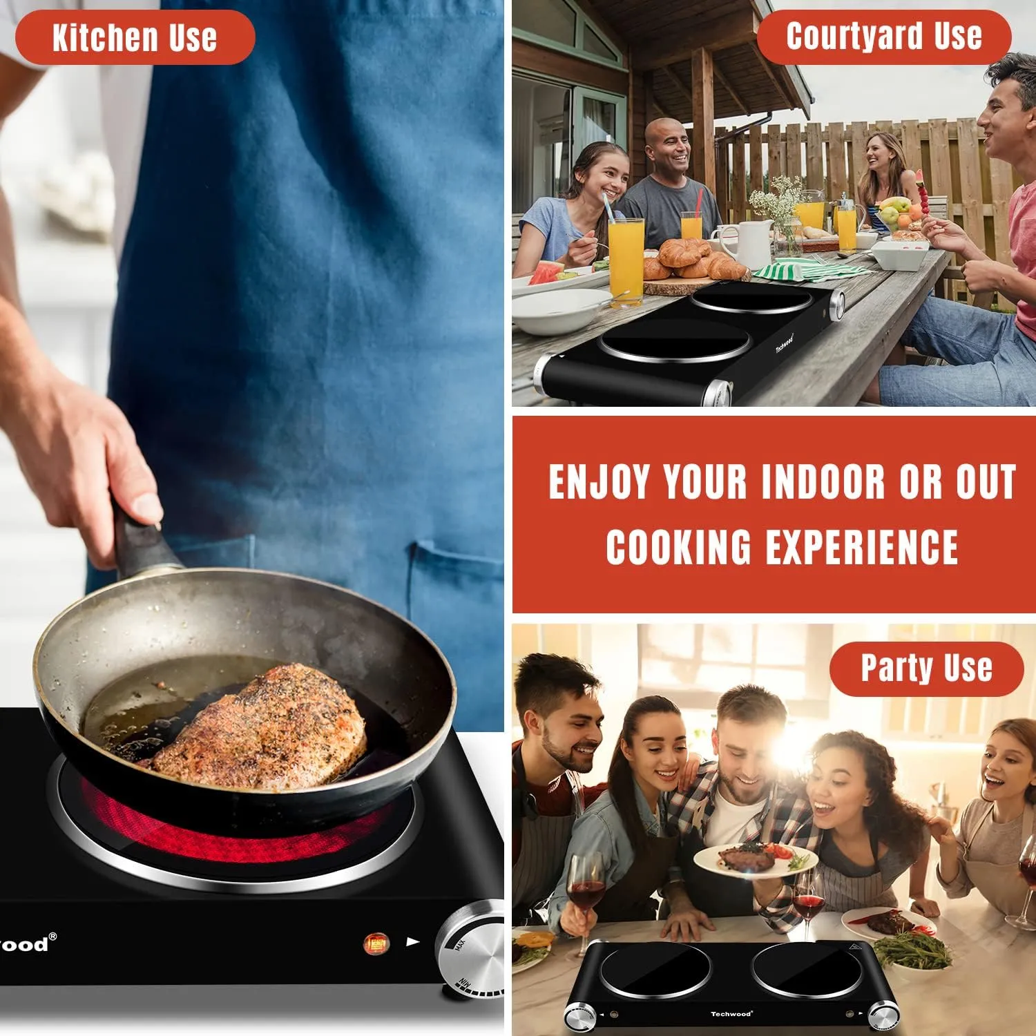 Double Hot Plate, Techwood 1800W Electric Stove for Cooking, Infrared Ceramic Countertop Burner with Dual Adjustable Temperature & Glass Cooktop for Home/RV/Camp, Compatible for All Cookwares, Black