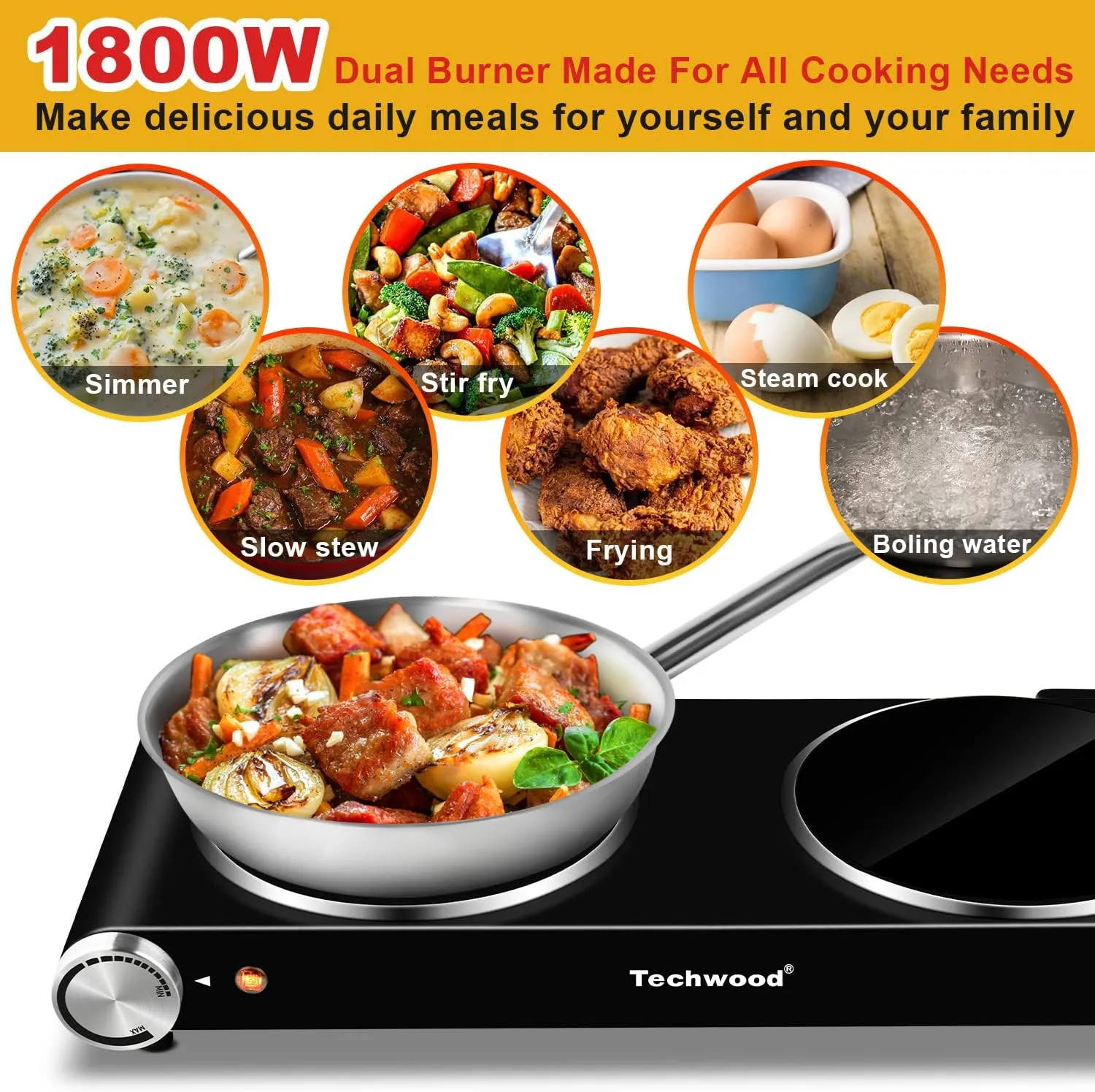Double Hot Plate, Techwood 1800W Electric Stove for Cooking, Infrared Ceramic Countertop Burner with Dual Adjustable Temperature & Glass Cooktop for Home/RV/Camp, Compatible for All Cookwares, Black