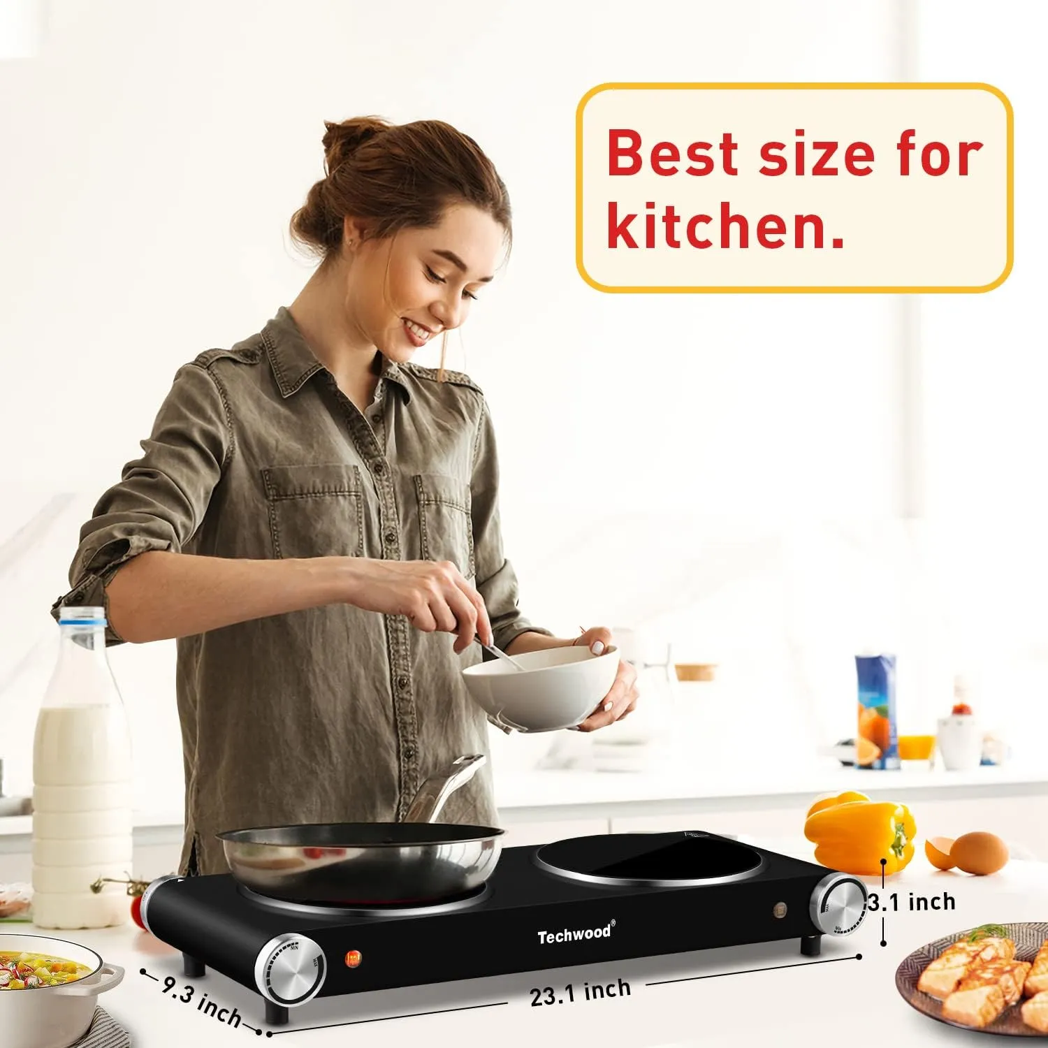 Double Hot Plate, Techwood 1800W Electric Stove for Cooking, Infrared Ceramic Countertop Burner with Dual Adjustable Temperature & Glass Cooktop for Home/RV/Camp, Compatible for All Cookwares, Black