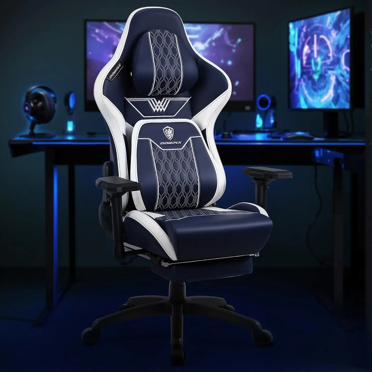 Dowinx Big and Tall Gaming Chair with Footrest, High Back Ergonomic Office Chair with Comfortable Headrest and Lumbar Support, 4D Armrests Computer Chair for Adults, Pu Leather, Blue