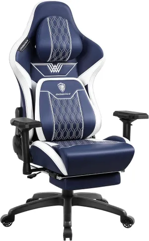 Dowinx Big and Tall Gaming Chair with Footrest, High Back Ergonomic Office Chair with Comfortable Headrest and Lumbar Support, 4D Armrests Computer Chair for Adults, Pu Leather, Blue