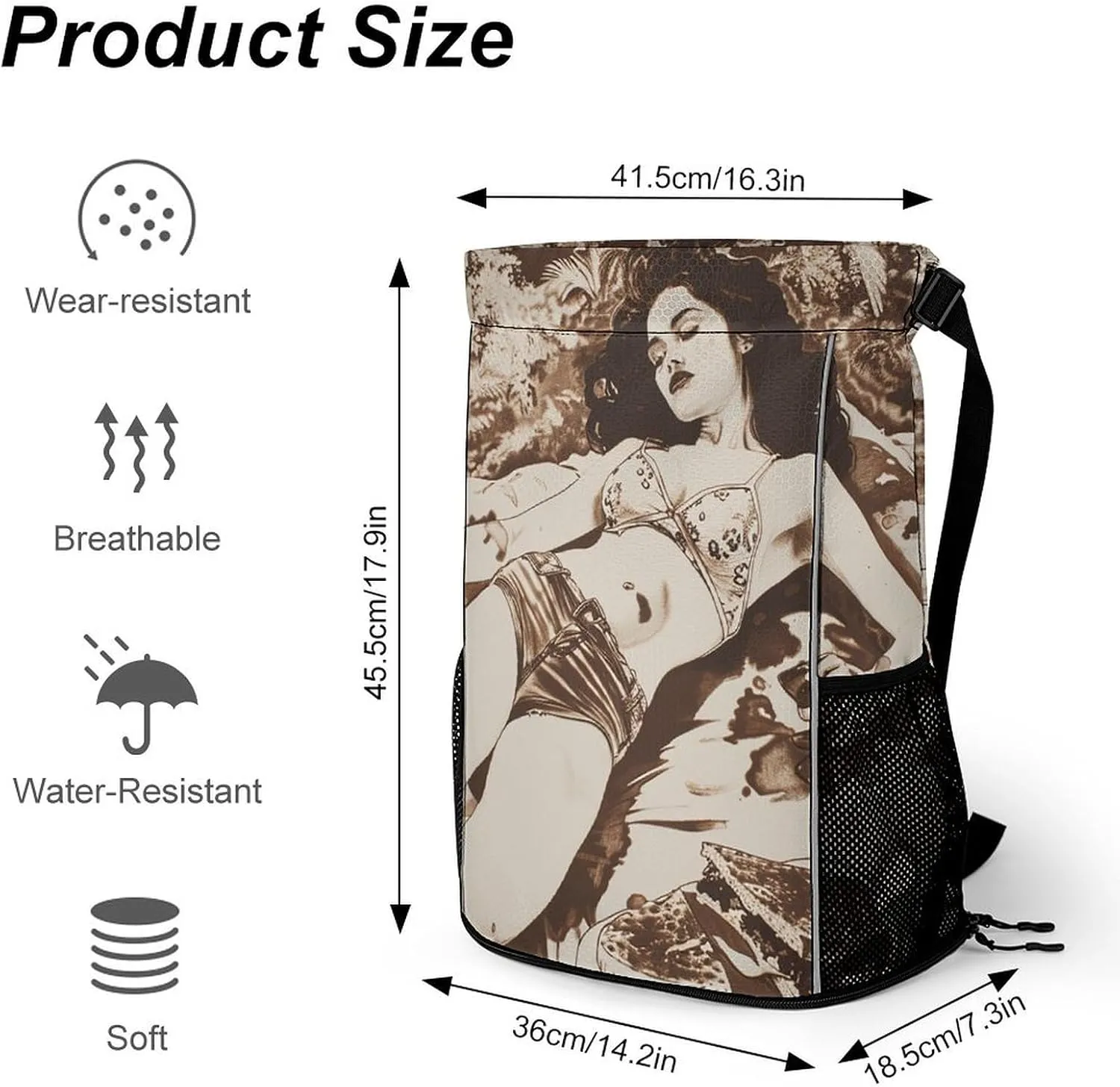 Drawstring Backpack Sport Gym Lying on Blanket Sackpack Bag With Side Pocket Resistant Sackpack for Women Men, 45.5x41.5x36cm