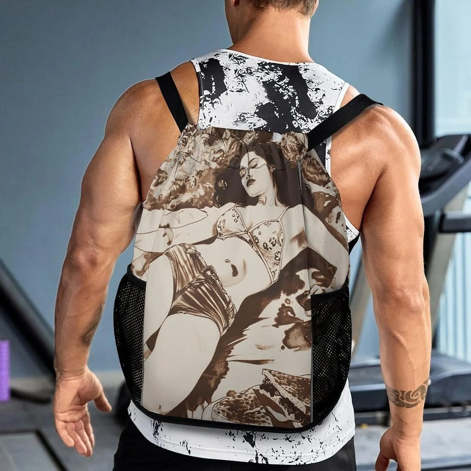 Drawstring Backpack Sport Gym Lying on Blanket Sackpack Bag With Side Pocket Resistant Sackpack for Women Men, 45.5x41.5x36cm