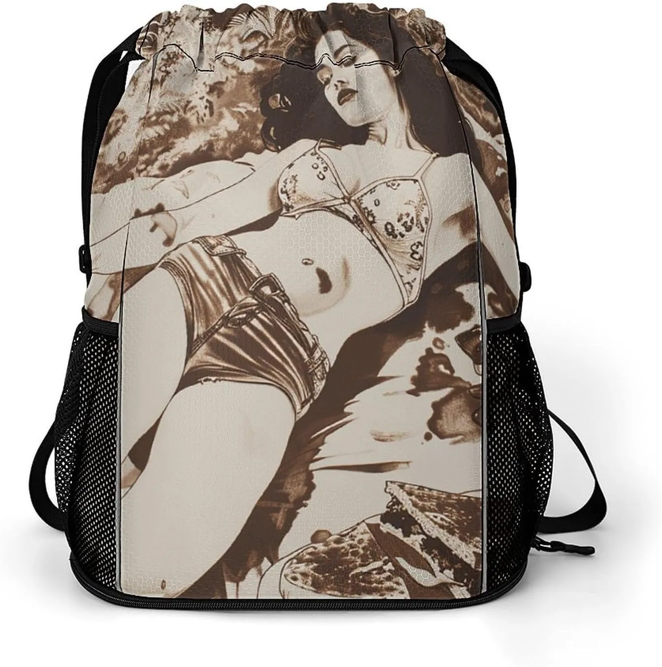 Drawstring Backpack Sport Gym Lying on Blanket Sackpack Bag With Side Pocket Resistant Sackpack for Women Men, 45.5x41.5x36cm