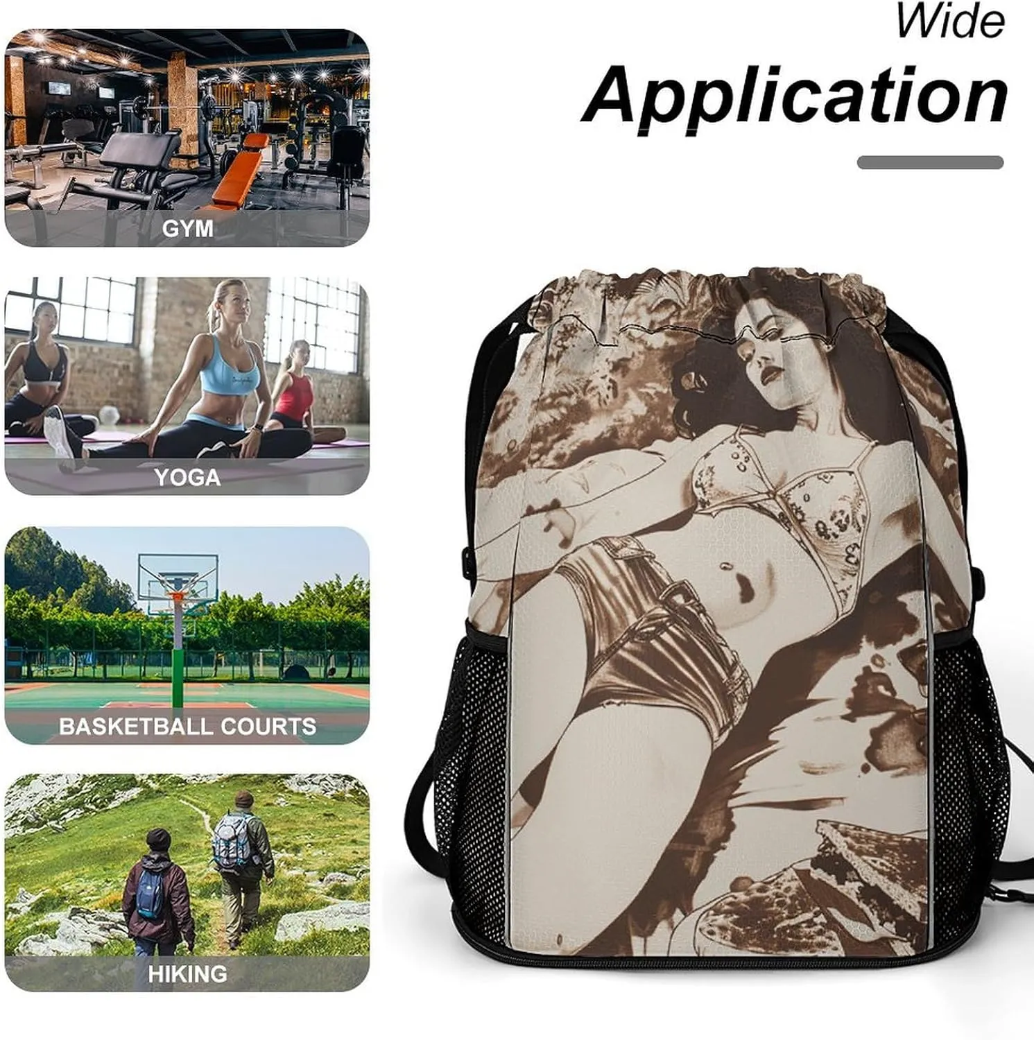 Drawstring Backpack Sport Gym Lying on Blanket Sackpack Bag With Side Pocket Resistant Sackpack for Women Men, 45.5x41.5x36cm