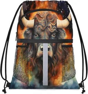 Drawstring Backpack String Bag with Side Pocket Sports Gym Soccer Cinch Sackpack for Women Men Small Beach Workout Storage for Swimming Gear Fire Animal Cattle Watercolor Backpack