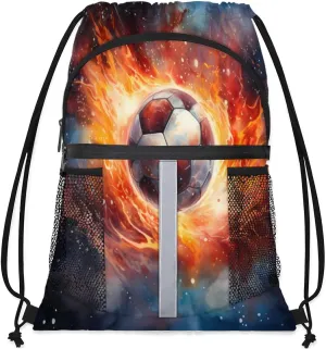 Drawstring Backpack String Bag with Side Pocket Sports Gym Soccer Cinch Sackpack for Women Men Small Beach Workout Storage for Swimming Gear Fire Football Sport Print Backpack