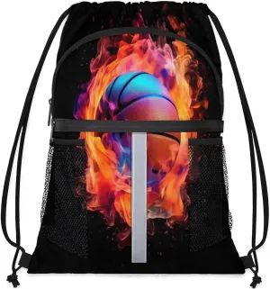 Drawstring Backpack String Bag with Side Pocket Sports Gym Soccer Cinch Sackpack for Women Men Small Beach Workout Storage for Swimming Gear Sports Ball Fire Basketball Backpack