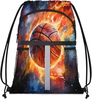 Drawstring Backpack String Bag with Side Pocket Sports Gym Soccer Cinch Sackpack for Women Men Small Beach Workout Storage for Swimming Gear Starry Sky Fire Basketball Backpack