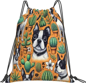 Drawstring Travel Backpack Boston Terrier Dogs Cactus Orange Sports Gym Bag For Swimming,Beach