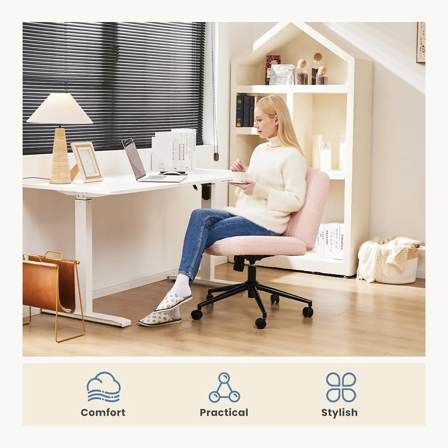 DUMOS Criss Cross Chair with Wheels, Legged Office Armless Wide Desk Seat with Dual-Purpose Base, Adjustable Swivel Teddy Fabric Task Vanity Home Bedroom, Pink