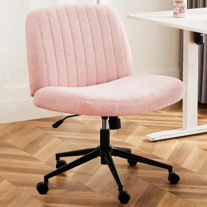 DUMOS Criss Cross Chair with Wheels, Legged Office Armless Wide Desk Seat with Dual-Purpose Base, Adjustable Swivel Teddy Fabric Task Vanity Home Bedroom, Pink
