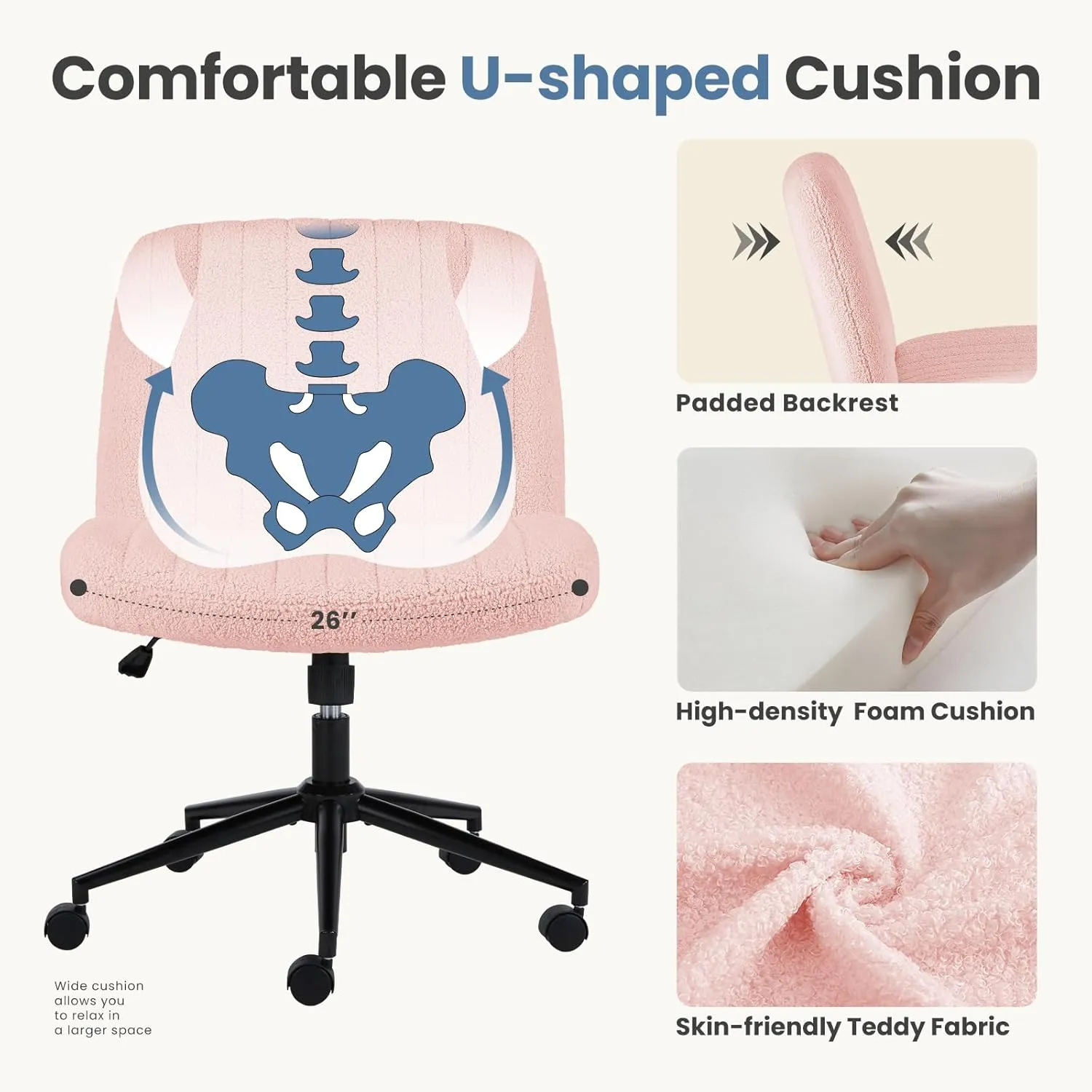 DUMOS Criss Cross Chair with Wheels, Legged Office Armless Wide Desk Seat with Dual-Purpose Base, Adjustable Swivel Teddy Fabric Task Vanity Home Bedroom, Pink