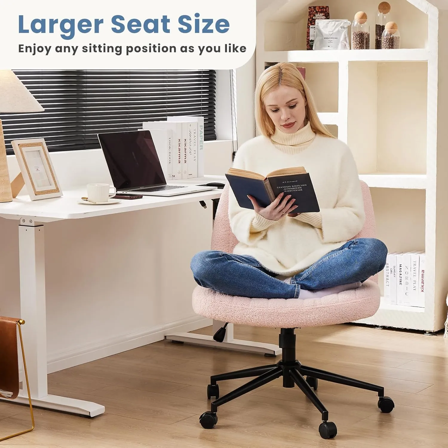 DUMOS Criss Cross Chair with Wheels, Legged Office Armless Wide Desk Seat with Dual-Purpose Base, Adjustable Swivel Teddy Fabric Task Vanity Home Bedroom, Pink