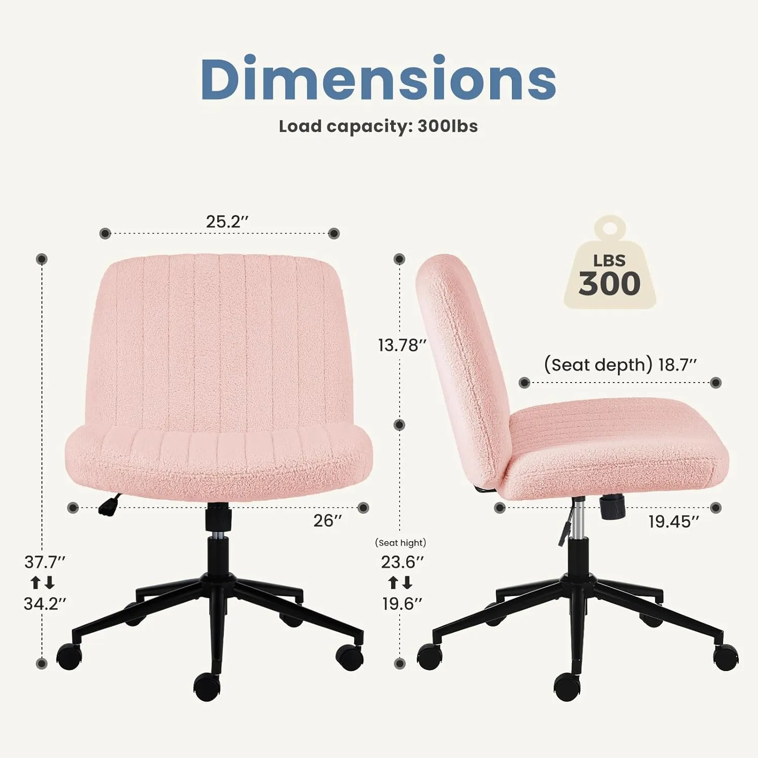 DUMOS Criss Cross Chair with Wheels, Legged Office Armless Wide Desk Seat with Dual-Purpose Base, Adjustable Swivel Teddy Fabric Task Vanity Home Bedroom, Pink