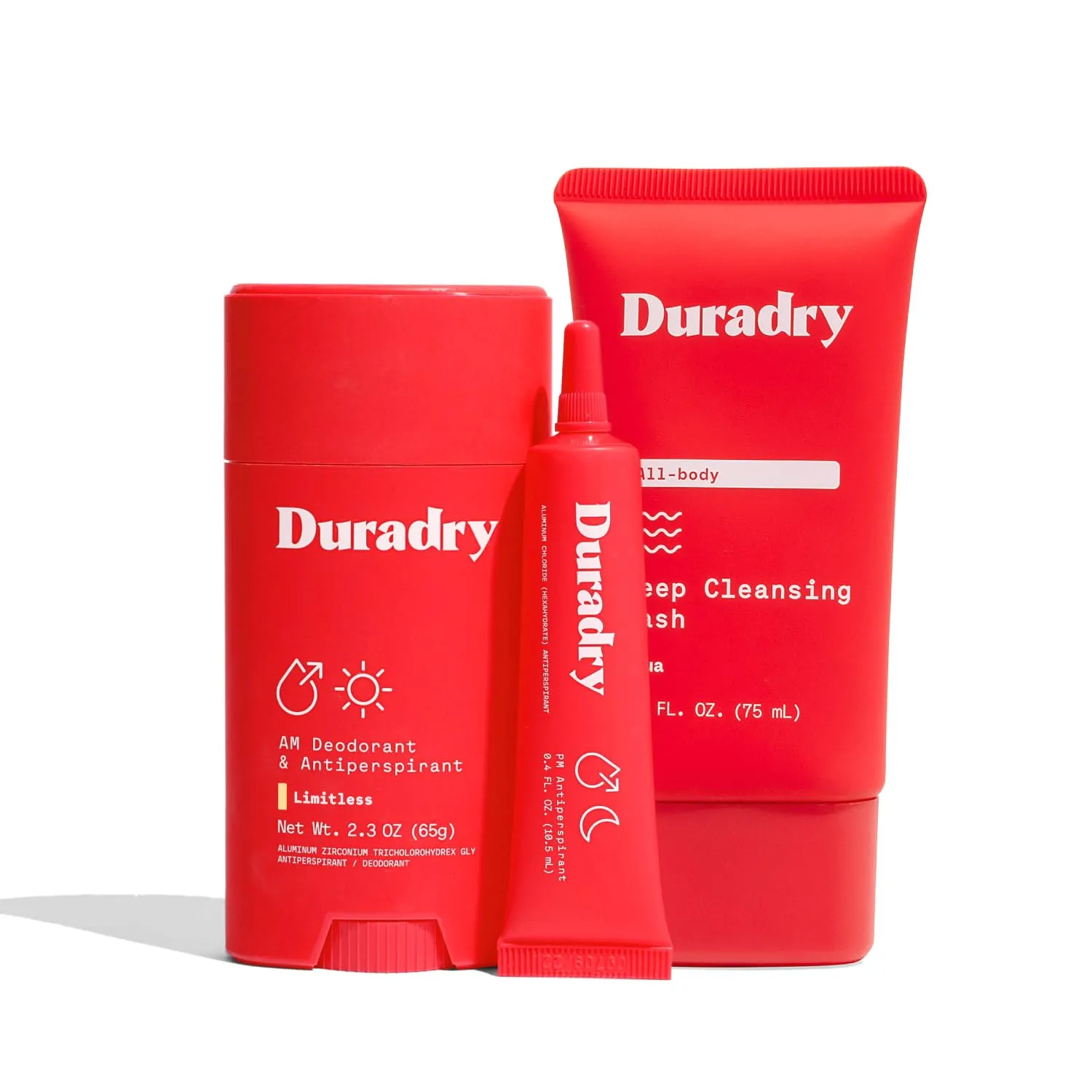 Duradry 3-Step System - Formulated to fight Excessive Underarm Sweating, Hyperhidrosis, Block Sweat & Odor - Antiperspirant Deodorant Stick, Sweat Minimizing Gel, Deodorizing Body Wash - Limitless