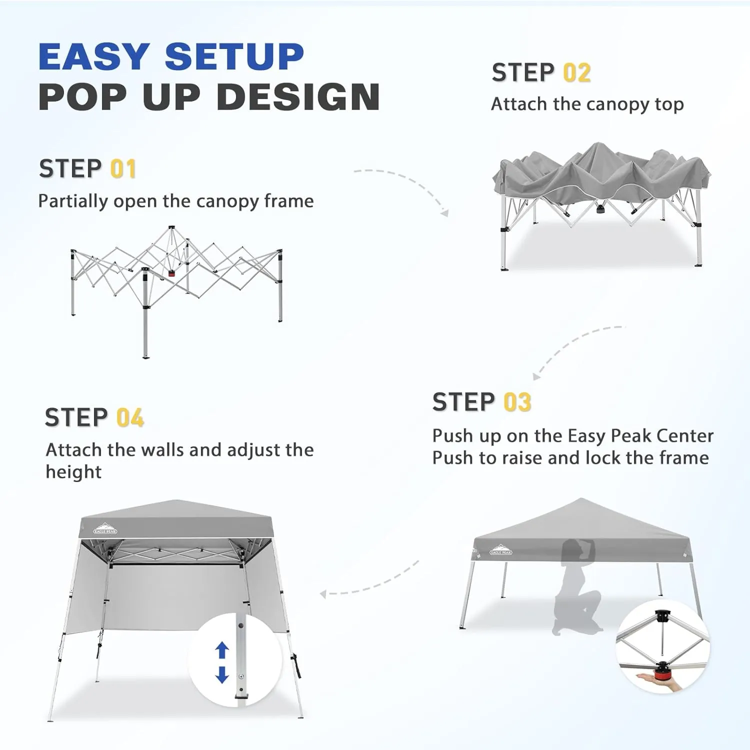 EAGLE PEAK Day Tripper 8x8 Aluminum Super-Lightweight Pop Up Canopy with 3 Removable Walls, Instant Outdoor Backpack Canopy Tent, Outside Beach Folding Sun Shelter, 8x8 Base 6x6 Top, Light Gray
