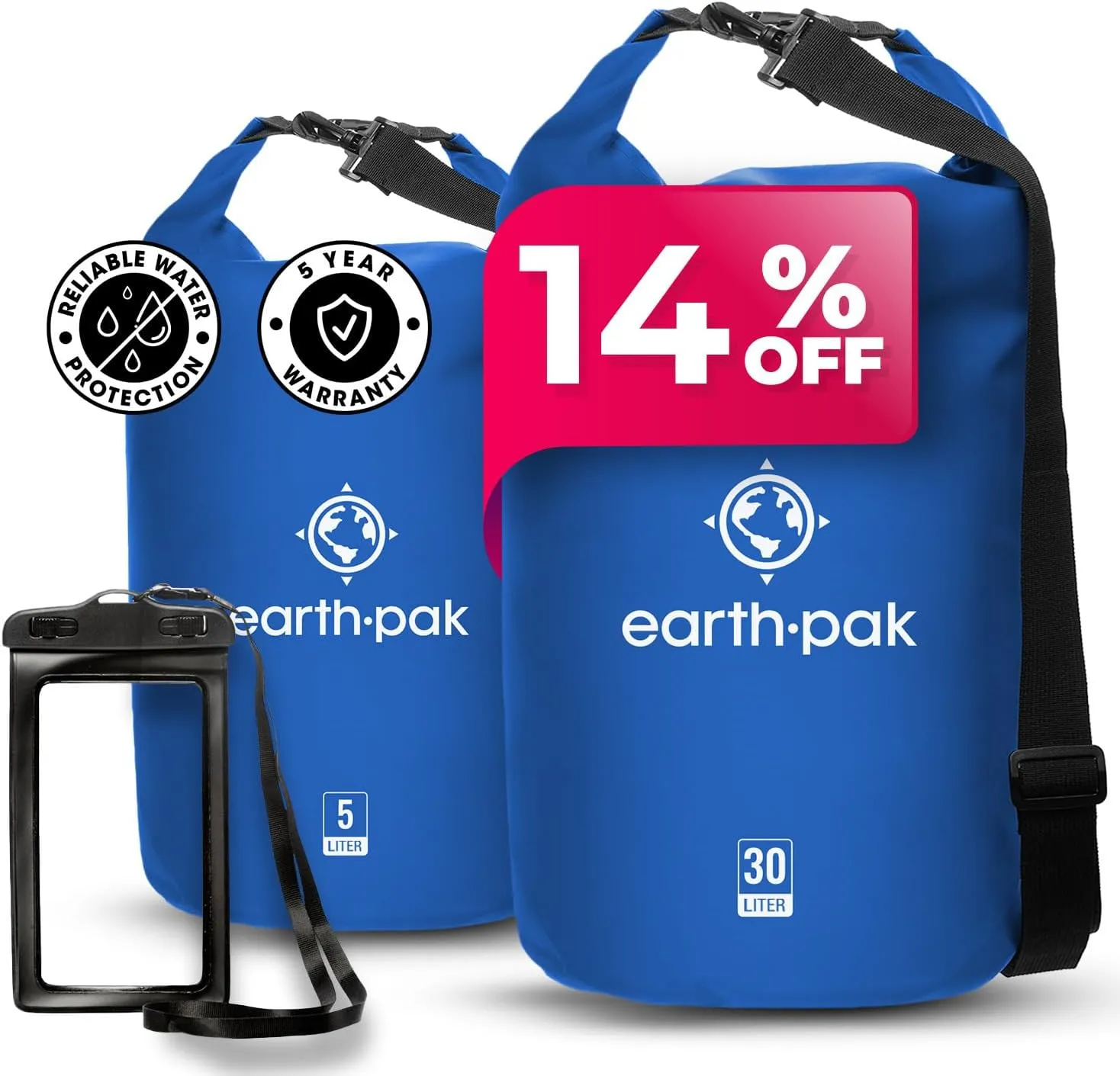 Earth Pak Waterproof Dry Bag - Roll Top Waterproof Backpack Sack (Blue 30L & 5L)
