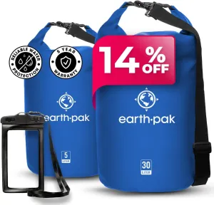 Earth Pak Waterproof Dry Bag - Roll Top Waterproof Backpack Sack (Blue 30L & 5L)