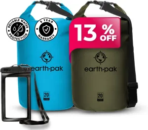 Earth Pak Waterproof Dry Bag - Roll Top Waterproof Backpack Sack (Light Blue 20L & Forest Green 20L)