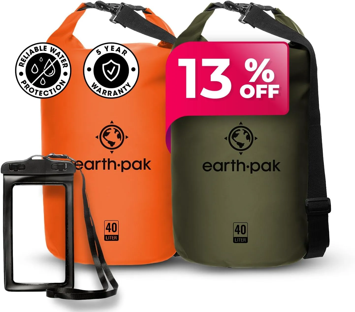 Earth Pak Waterproof Dry Bag - Roll Top Waterproof Backpack Sack (Orange 40L & Forest Green 40L)