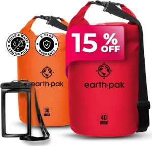 Earth Pak Waterproof Dry Bag - Roll Top Waterproof Backpack Sack (Red 40L & Orange 30L)