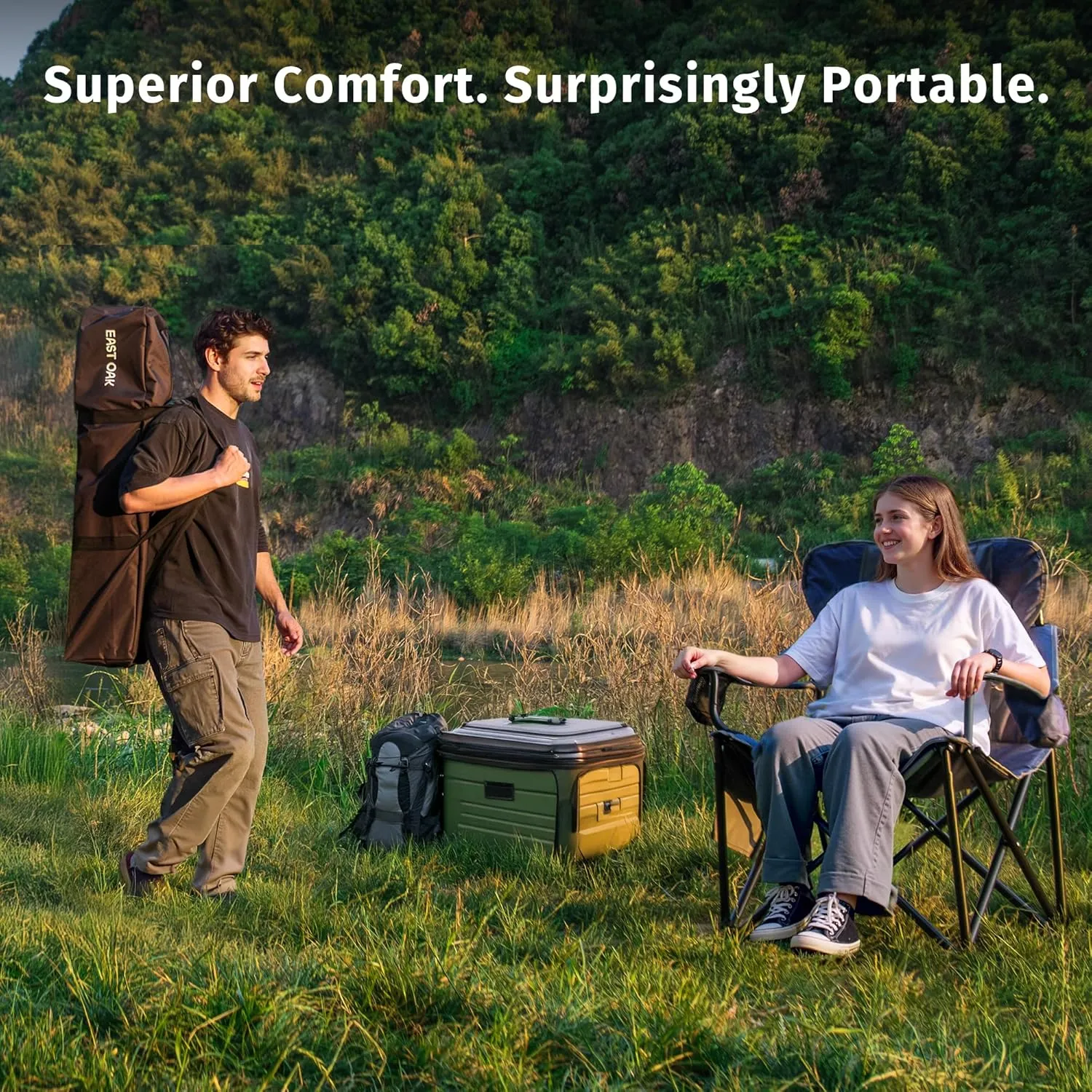 EAST OAK Oversized Camping Chair | Heavy Duty Camping Chairs for Adults | 500LBS Support, 600D Oxford, Cup Holder & Side Pocket | Ideal for Camping, Beach, Sports Events| Blue&Grey