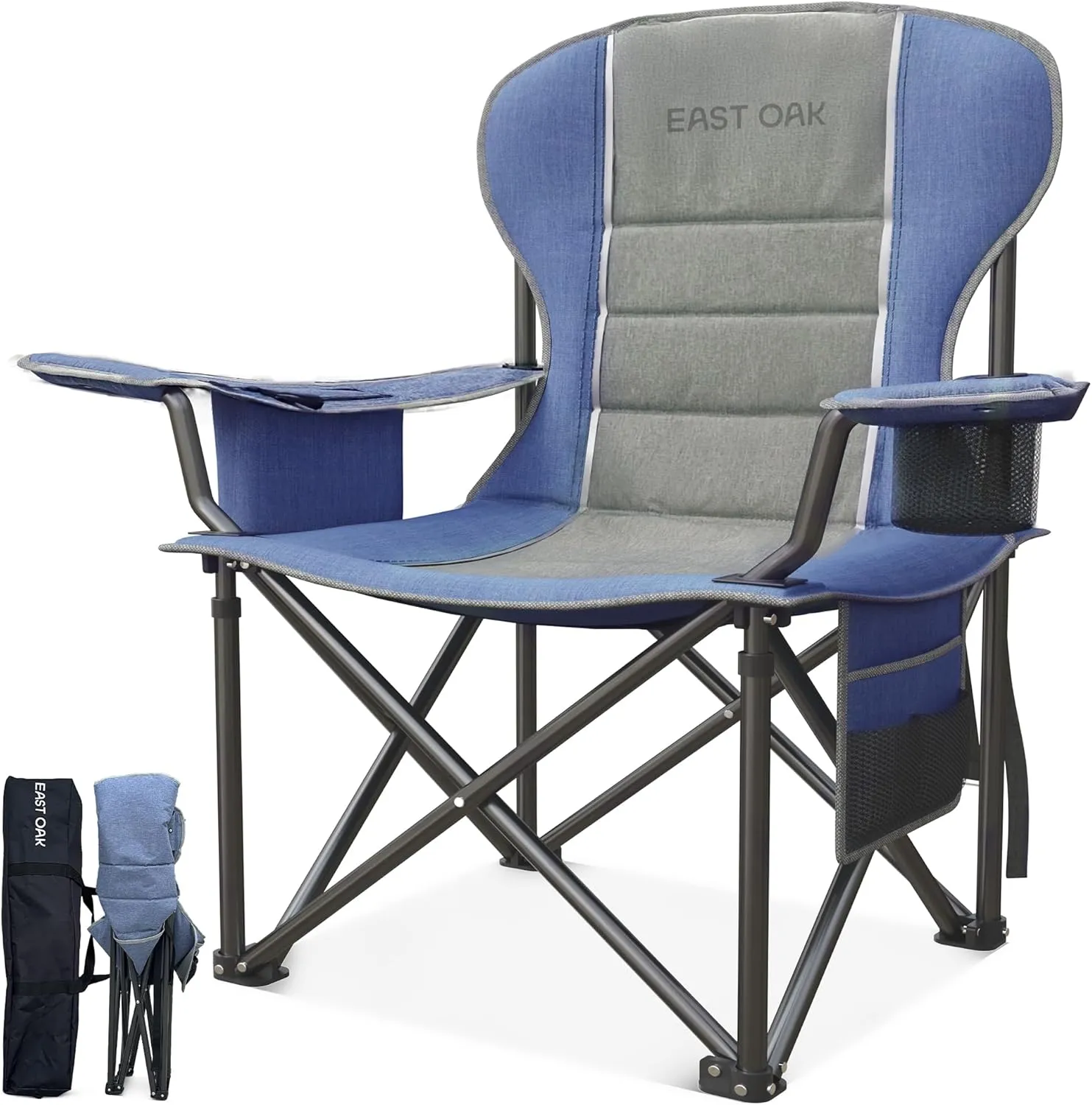 EAST OAK Oversized Camping Chair | Heavy Duty Camping Chairs for Adults | 500LBS Support, 600D Oxford, Cup Holder & Side Pocket | Ideal for Camping, Beach, Sports Events| Blue&Grey