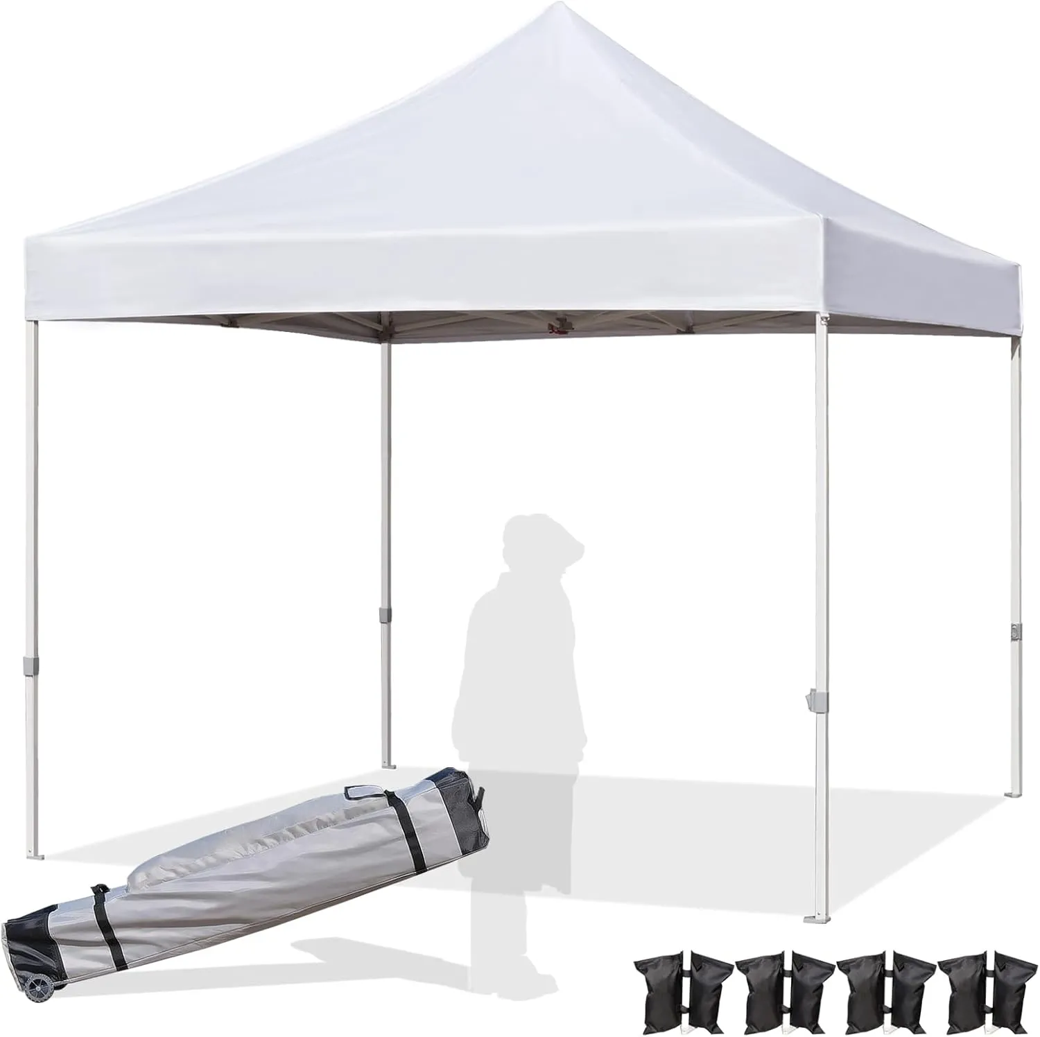 Easy 8x8 Pop Up Canopy Tent with Peak Tensioner, Heavy Duty for Commercial Use, Industry-Leading 3000mm Waterproof, 500D Silver Coated Top, Wheeled Bag, 4 Sandbags, Stakes & Ropes, White