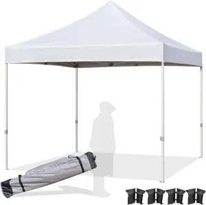 Easy 8x8 Pop Up Canopy Tent with Peak Tensioner, Heavy Duty for Commercial Use, Industry-Leading 3000mm Waterproof, 500D Silver Coated Top, Wheeled Bag, 4 Sandbags, Stakes & Ropes, White