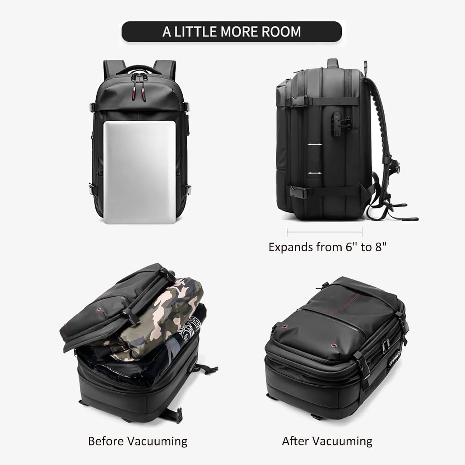 Easy Vac Pack Backpack, Easyvacpack usa Carry on, Vacuum Compression System Expands Capacity to 60L, Easy to Take on Plane (Black (without air pump))