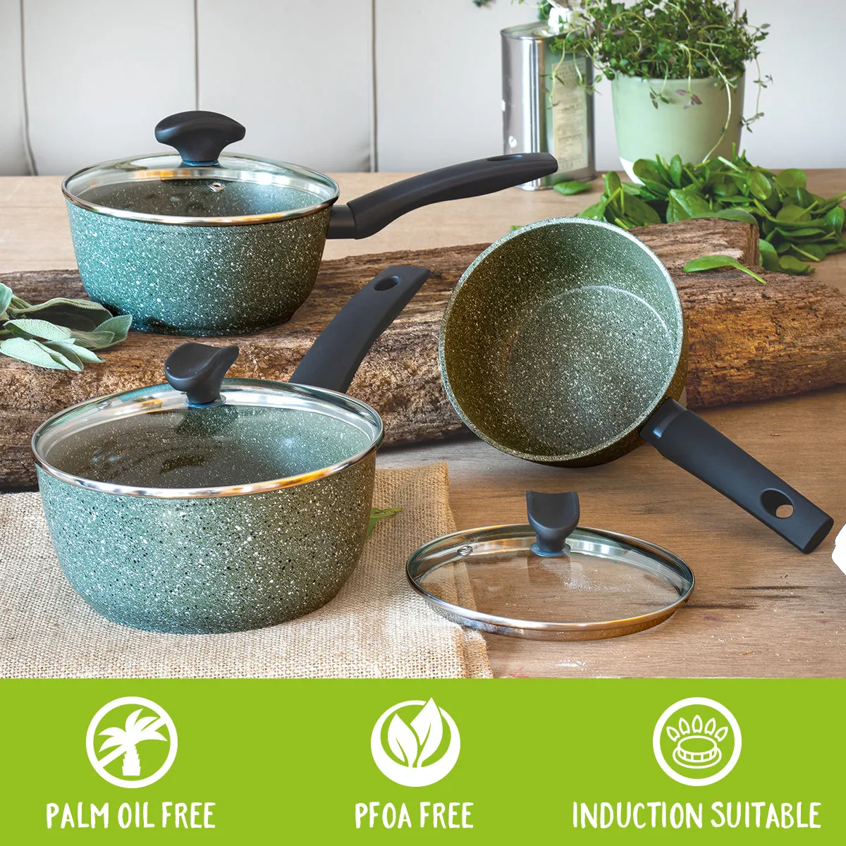 Eco Non-Stick Saucepan with Lids & Frying Pan Set - 5 Piece