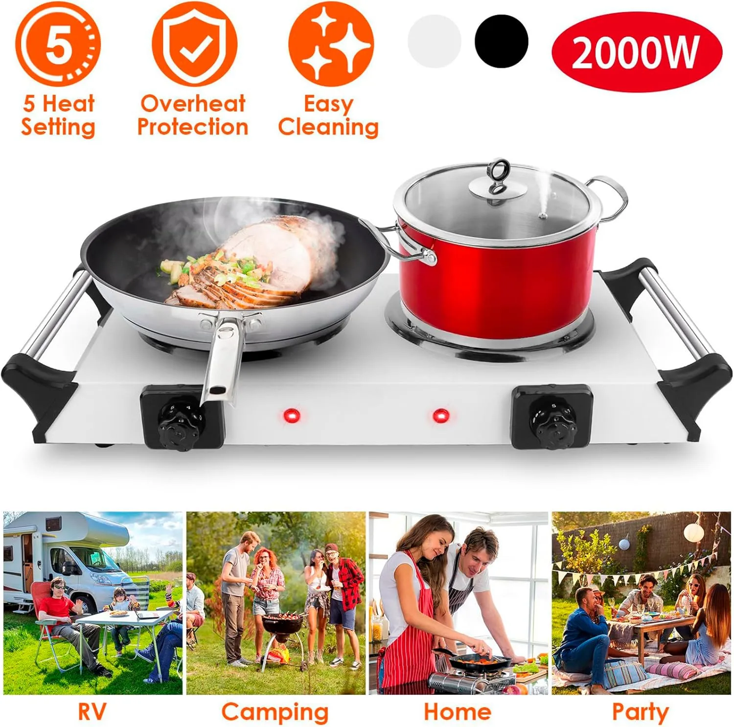 Electric Hot Plate, 2000W Countertop Double Burner with Adjustable Temperature & Handles, Stainless Steel Coil Electric Stove for Cooking Cooktop for Home Kitchen Dorm RV Camp, White