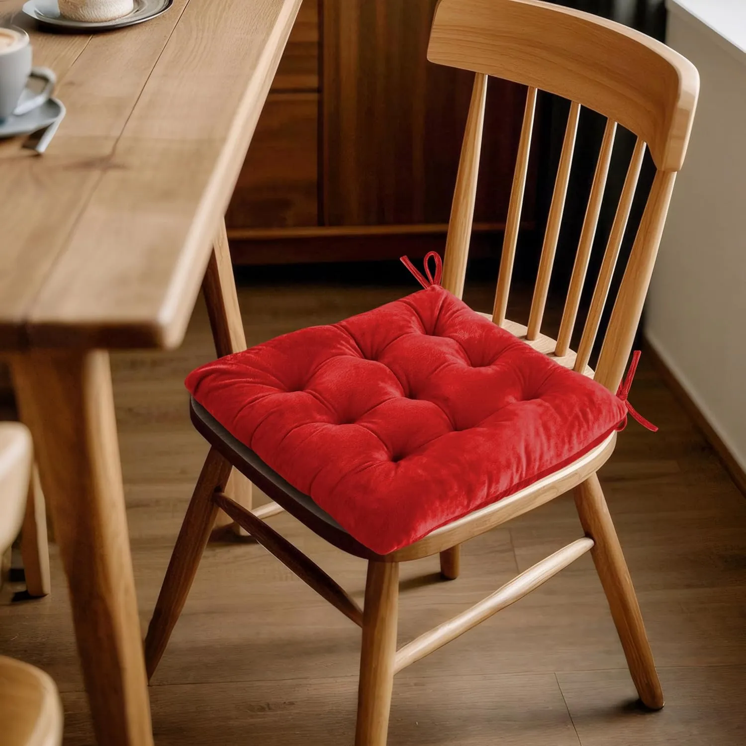 ELFJOY 4 Pack Chair Cushions for Dining Chairs Chair Pads Cushion for Kitchen Office Tufted Square Seat Cushion with Ties (16" Red Velvet)