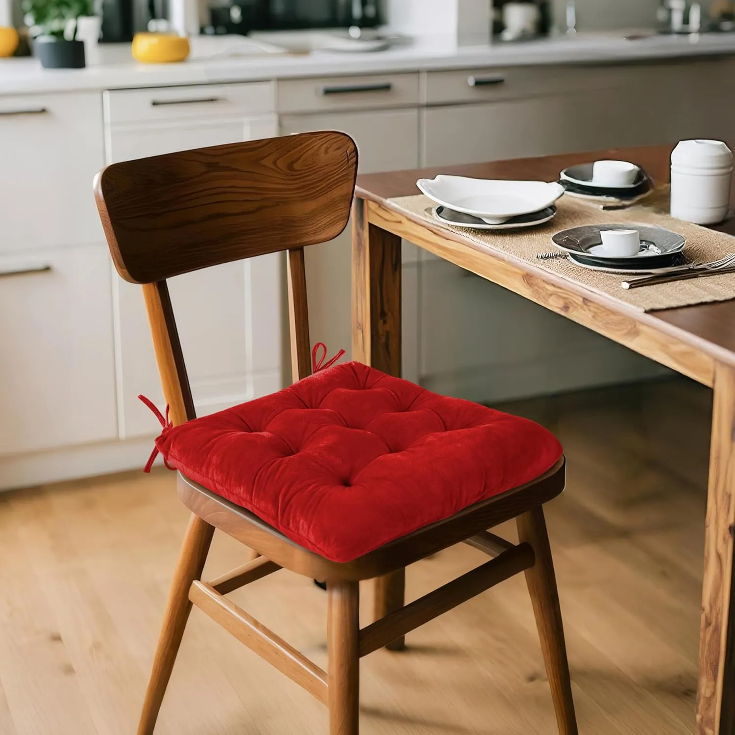 ELFJOY 4 Pack Chair Cushions for Dining Chairs Chair Pads Cushion for Kitchen Office Tufted Square Seat Cushion with Ties (16" Red Velvet)