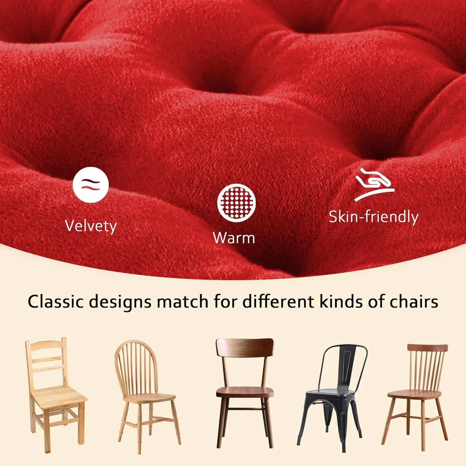 ELFJOY 4 Pack Chair Cushions for Dining Chairs Chair Pads Cushion for Kitchen Office Tufted Square Seat Cushion with Ties (16" Red Velvet)