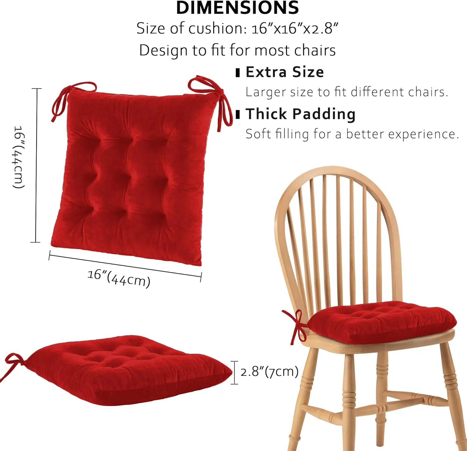 ELFJOY 4 Pack Chair Cushions for Dining Chairs Chair Pads Cushion for Kitchen Office Tufted Square Seat Cushion with Ties (16" Red Velvet)