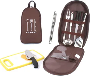 [Ellniges]【Camping Cookware Set Stainless Steel】9-Piece Portable Outdoor Cooking Utensils with Compact - Lightweight & for Hiking, Backpacking, Campfire Meals (5-6 People)